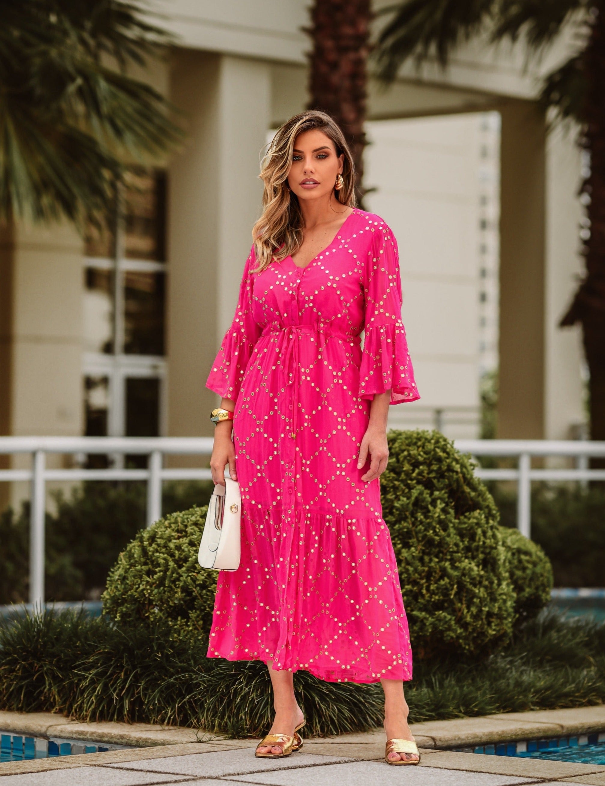 Vestido Chemise Maxi Kali Rosa Pink