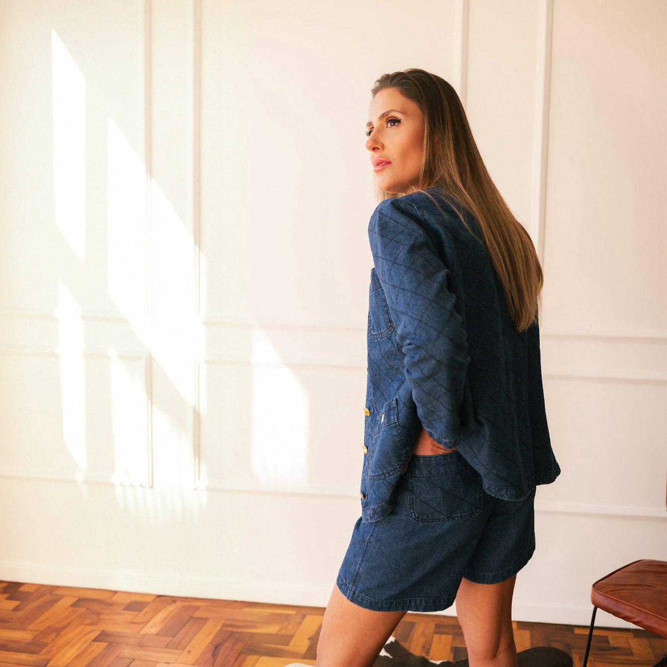 Jaqueta Jeans Quadriculada